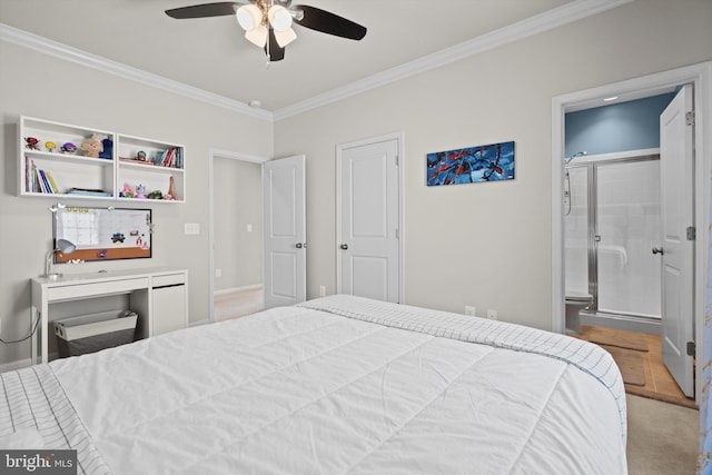 bedroom featuring ensuite bathroom, ornamental molding, and ceiling fan