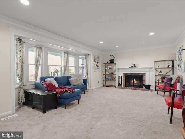 living room with light carpet, a brick fireplace, and ornamental molding