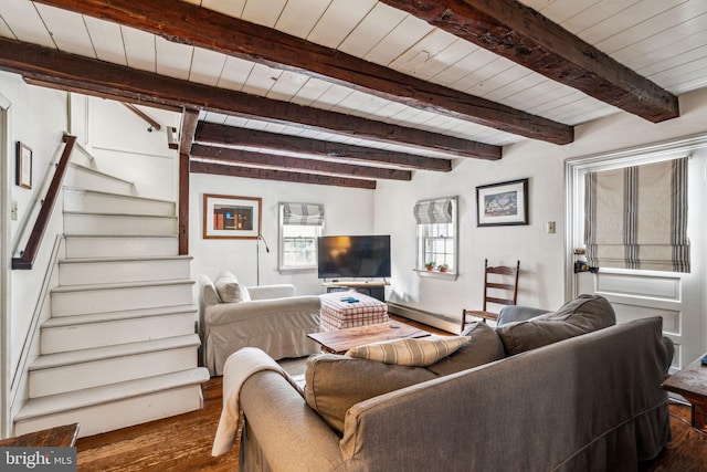 living room featuring wood ceiling, beam ceiling, dark wood-type flooring, and a baseboard radiator