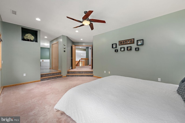 bedroom with ceiling fan, a closet, and carpet