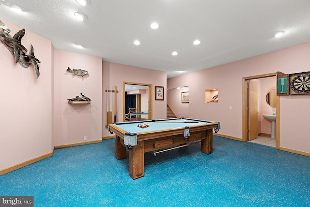 rec room with pool table and carpet