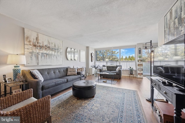 living room with wood finished floors and a textured ceiling