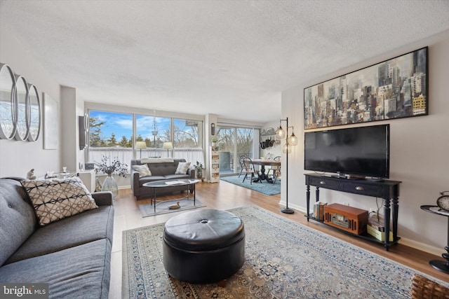 living area with a textured ceiling, baseboards, and wood finished floors