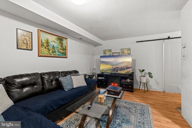 living room featuring wood-type flooring and a barn door