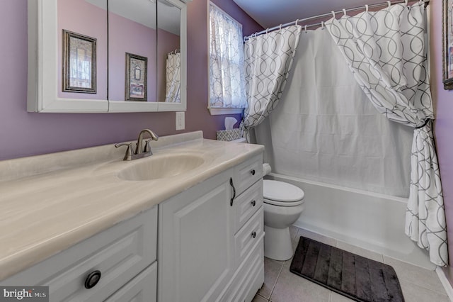 full bathroom with shower / bathtub combination with curtain, vanity, toilet, and tile patterned flooring