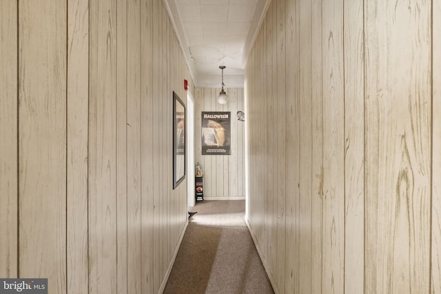 corridor featuring carpet floors and wood walls