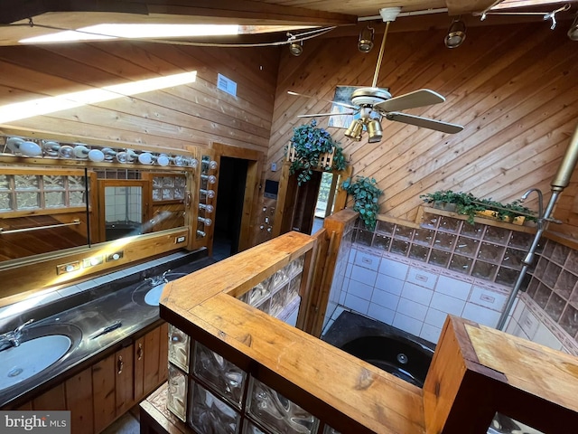 interior space featuring sink, ceiling fan, and wood walls