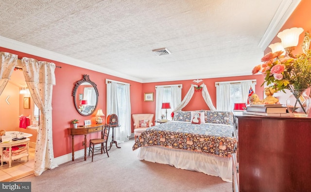 bedroom featuring crown molding, carpet flooring, and a textured ceiling