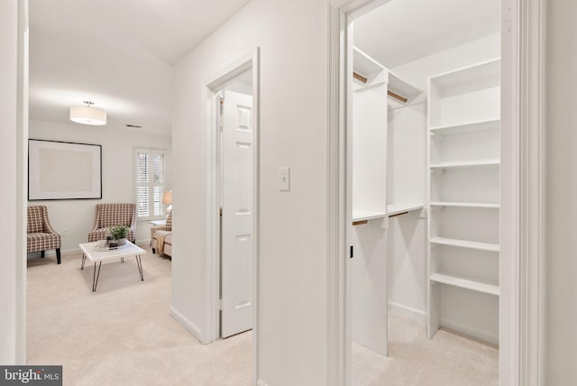 walk in closet with light colored carpet