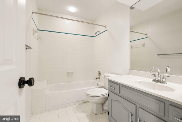 full bathroom with shower / bathing tub combination, vanity, toilet, and tile patterned floors