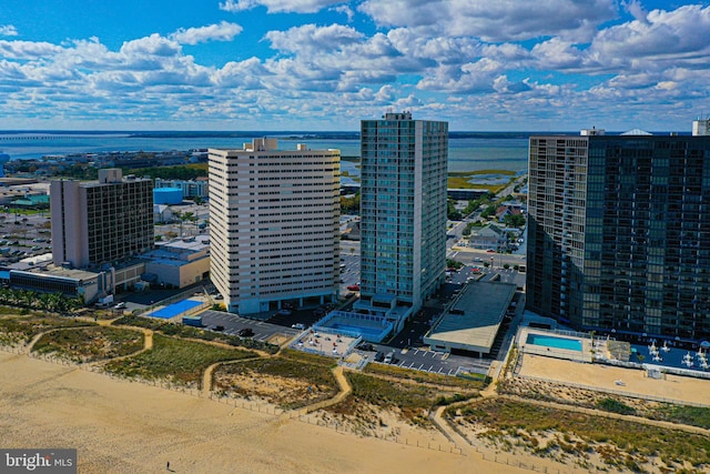 drone / aerial view with a water view