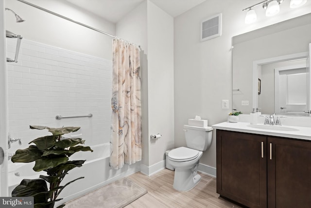 full bathroom with shower / bathtub combination with curtain, vanity, toilet, and wood-type flooring