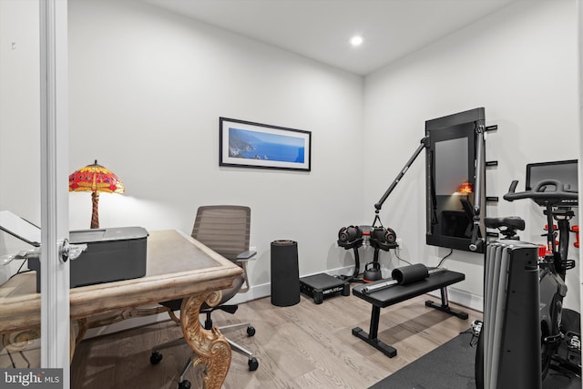 workout area featuring light hardwood / wood-style flooring