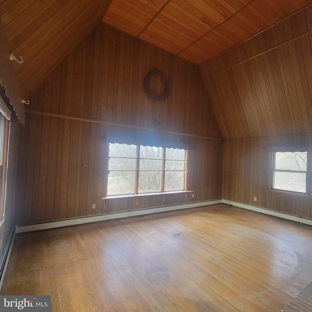 additional living space with lofted ceiling, light wood-type flooring, and wood ceiling