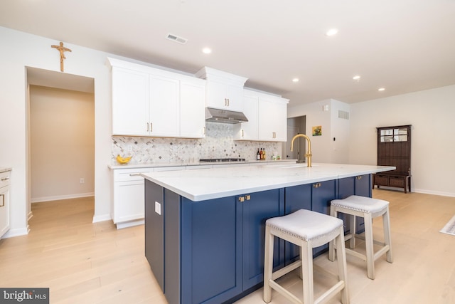 kitchen featuring white cabinetry, sink, and an island with sink