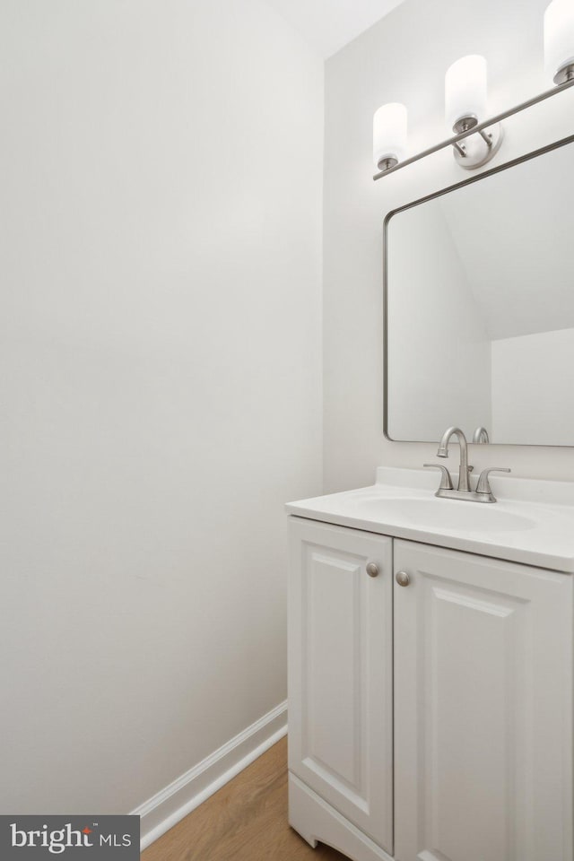 bathroom with hardwood / wood-style flooring and vanity