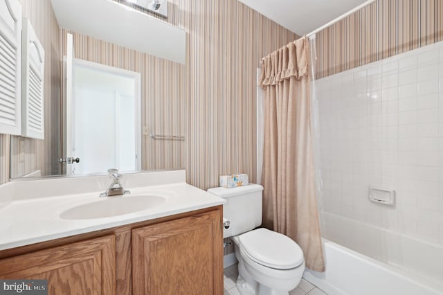 full bathroom with shower / bath combination with curtain, vanity, toilet, and tile patterned flooring