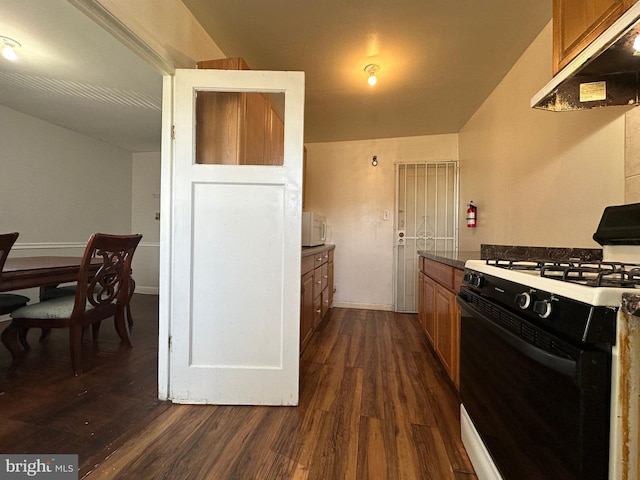 kitchen featuring gas range and dark wood-type flooring