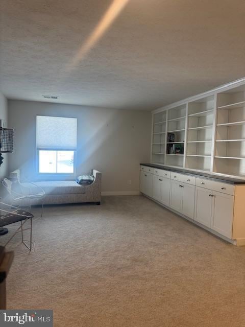 interior space with light carpet, built in shelves, and a textured ceiling