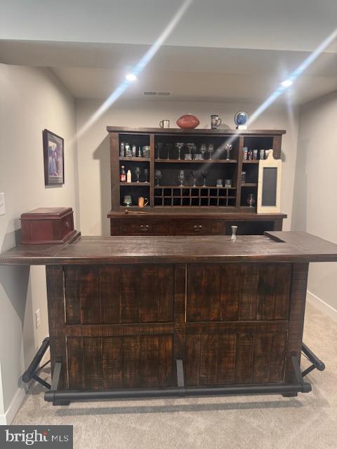 bar with light carpet and dark brown cabinets