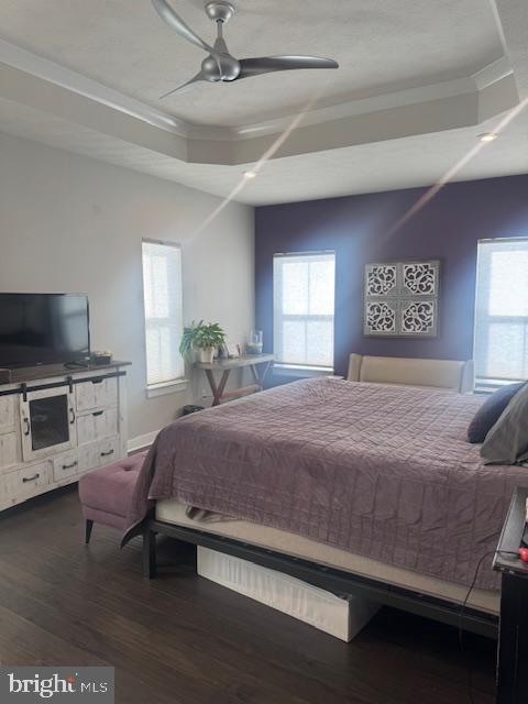 bedroom featuring ceiling fan, a tray ceiling, and hardwood / wood-style floors