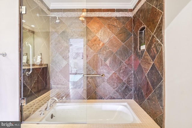 bathroom with ornamental molding and shower / bath combination with glass door