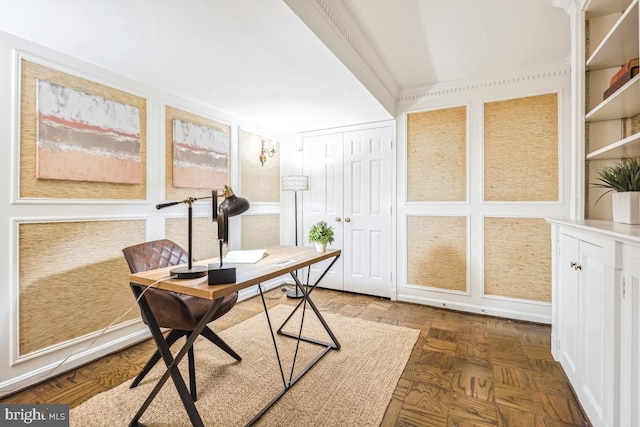 office featuring dark parquet flooring