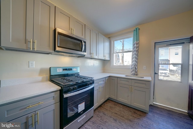 kitchen with gray cabinets, appliances with stainless steel finishes, sink, and dark wood-type flooring