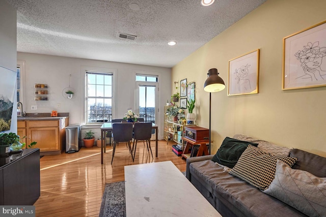 living room featuring sink, light hardwood / wood-style floors, and a textured ceiling