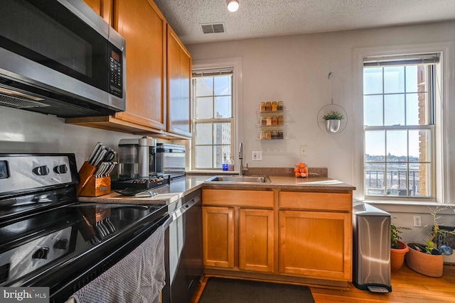 kitchen featuring stainless steel appliances, sink, hardwood / wood-style floors, and a textured ceiling