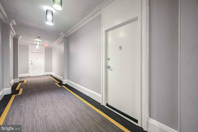 corridor with crown molding and a textured ceiling