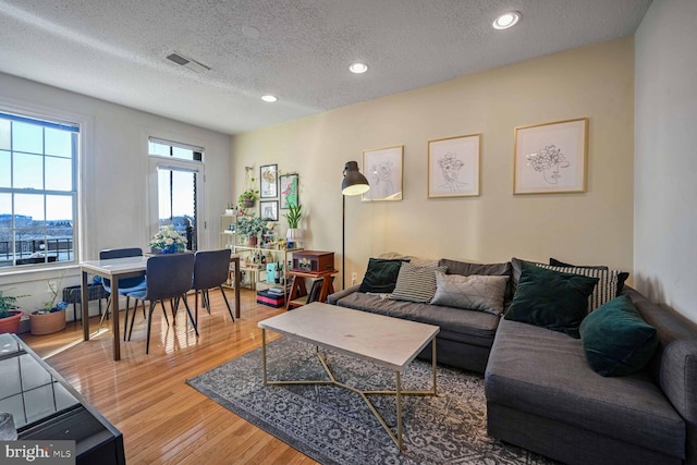 living room featuring hardwood / wood-style floors and a textured ceiling