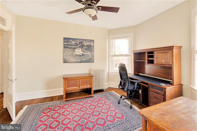 home office with dark hardwood / wood-style flooring, radiator, and ceiling fan