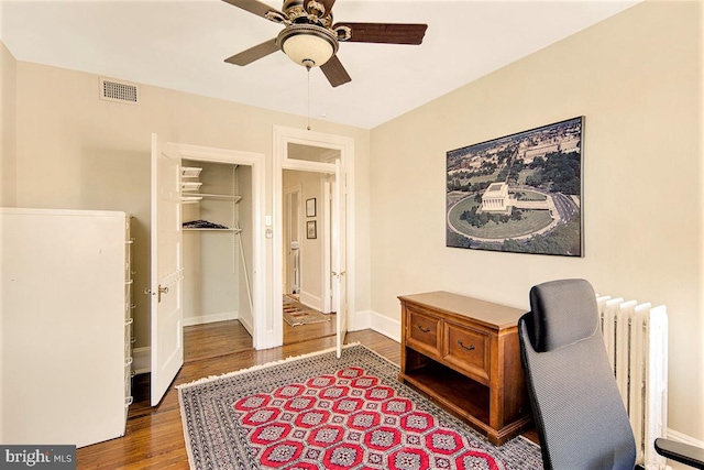 office featuring ceiling fan, radiator, and dark hardwood / wood-style flooring