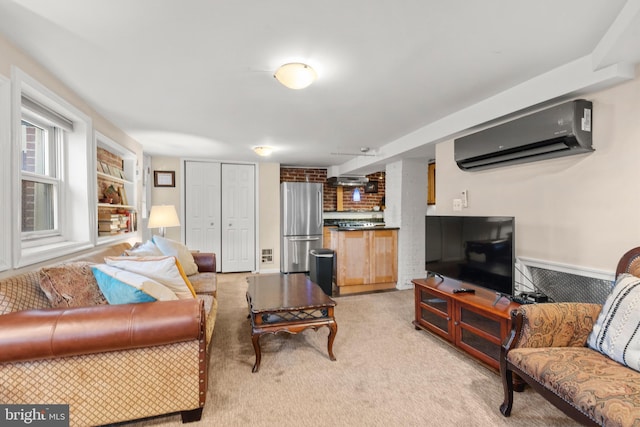 carpeted living room with a wall mounted air conditioner