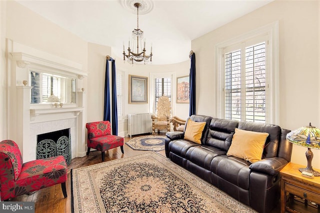 living room featuring radiator heating unit, a chandelier, and hardwood / wood-style floors