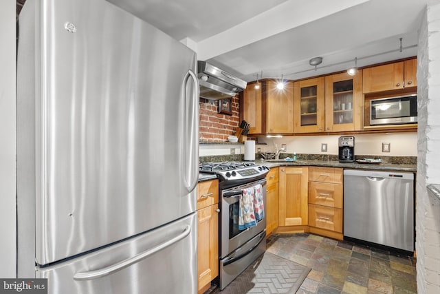 kitchen with stainless steel appliances, ventilation hood, sink, and dark stone countertops