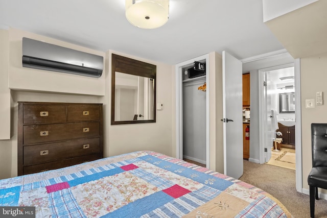 bedroom featuring light colored carpet, a wall unit AC, and a closet