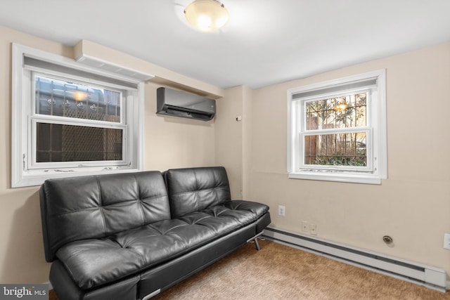 living room featuring baseboard heating and a wall mounted air conditioner