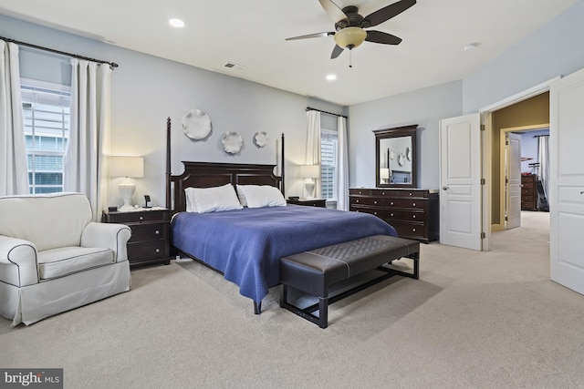 carpeted bedroom featuring ceiling fan