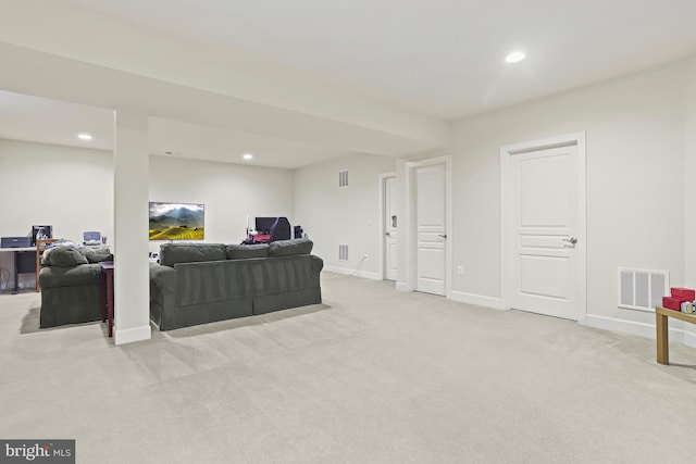 living room with light colored carpet