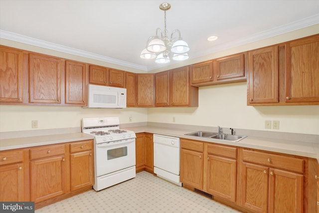 kitchen featuring crown molding, white appliances, sink, and hanging light fixtures