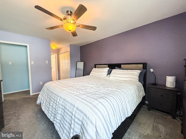 bedroom with dark carpet and ceiling fan