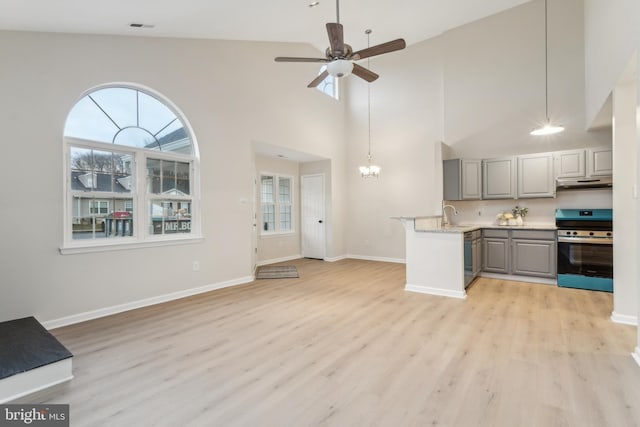 kitchen featuring under cabinet range hood, gray cabinetry, visible vents, light wood-type flooring, and stainless steel electric range oven