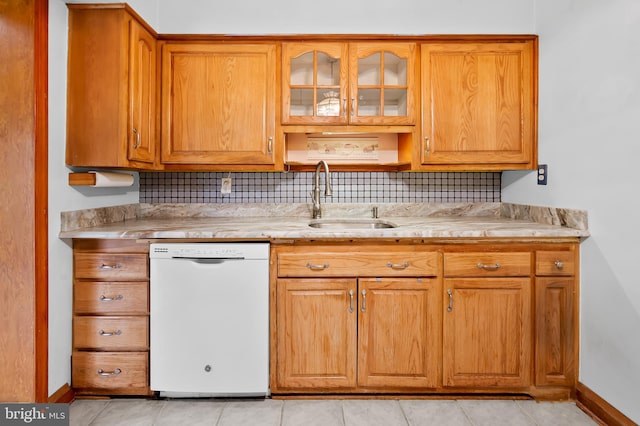 kitchen featuring white dishwasher, sink, and backsplash