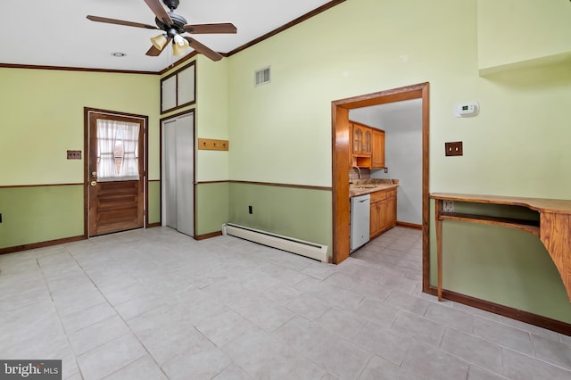 spare room featuring lofted ceiling, sink, crown molding, ceiling fan, and a baseboard radiator