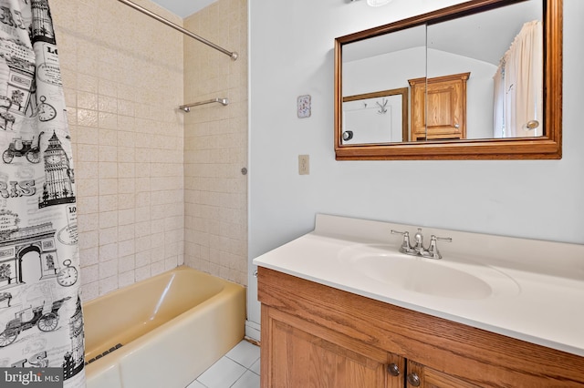 bathroom with tile patterned floors, vanity, and shower / tub combo with curtain