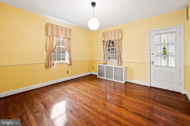 interior space featuring wood-type flooring, plenty of natural light, and radiator heating unit