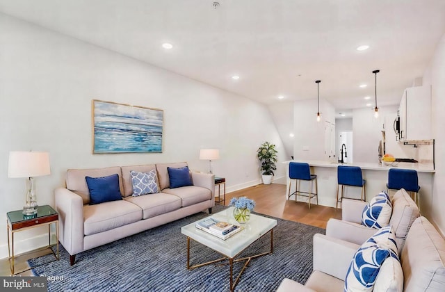 living room featuring sink and hardwood / wood-style floors