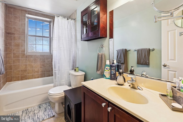 full bathroom with vanity, shower / tub combo, tile patterned floors, and toilet